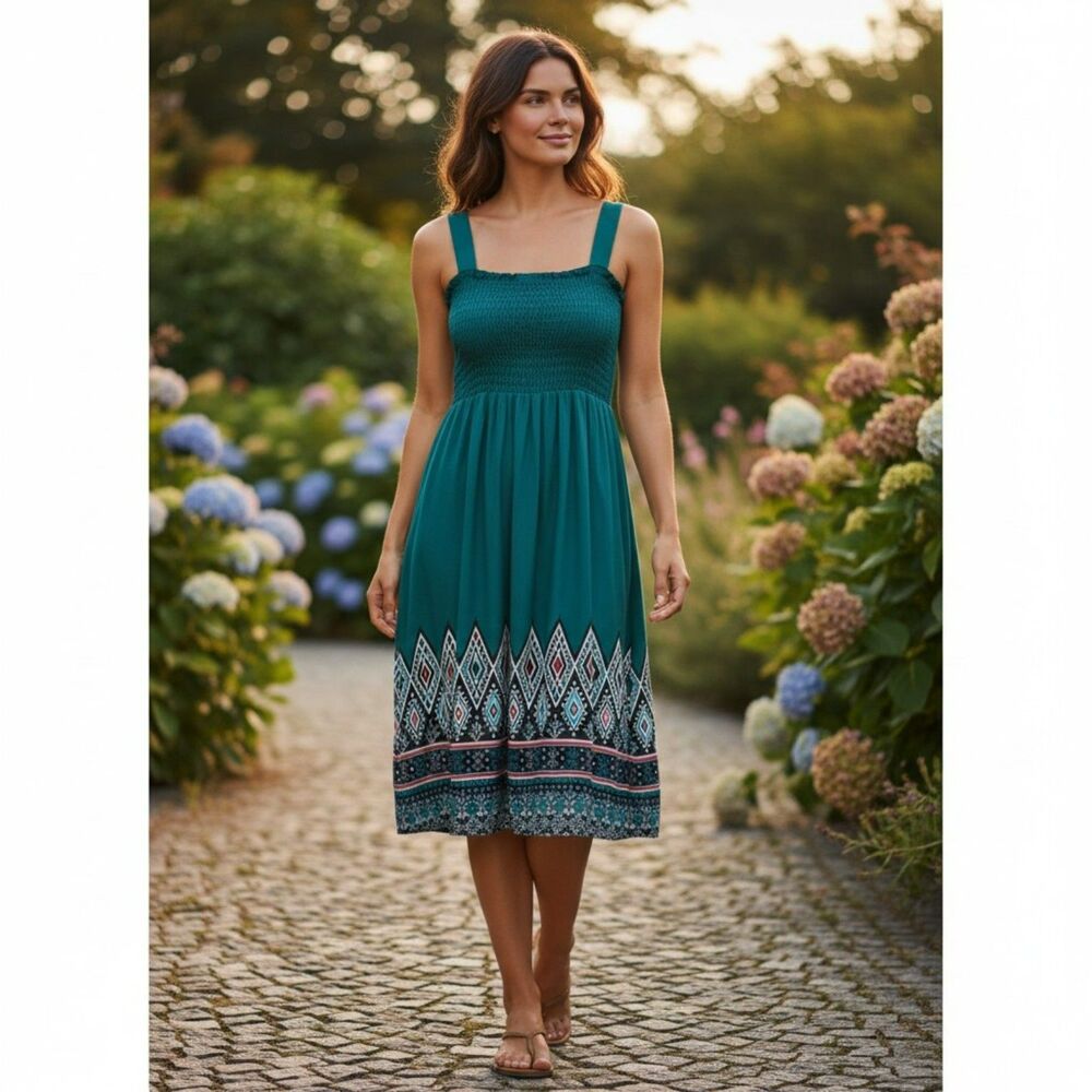 Docele Dress Women's Blue  Floral Summer Sundress Smocked Sleeveless Midi #359